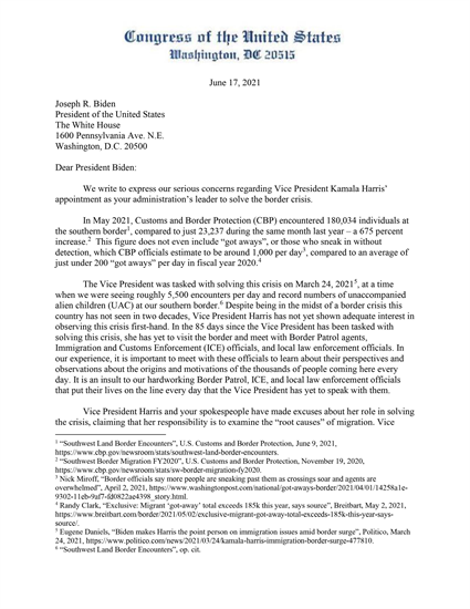 Remove VP Harris from Overseeing the Border Letter page 1